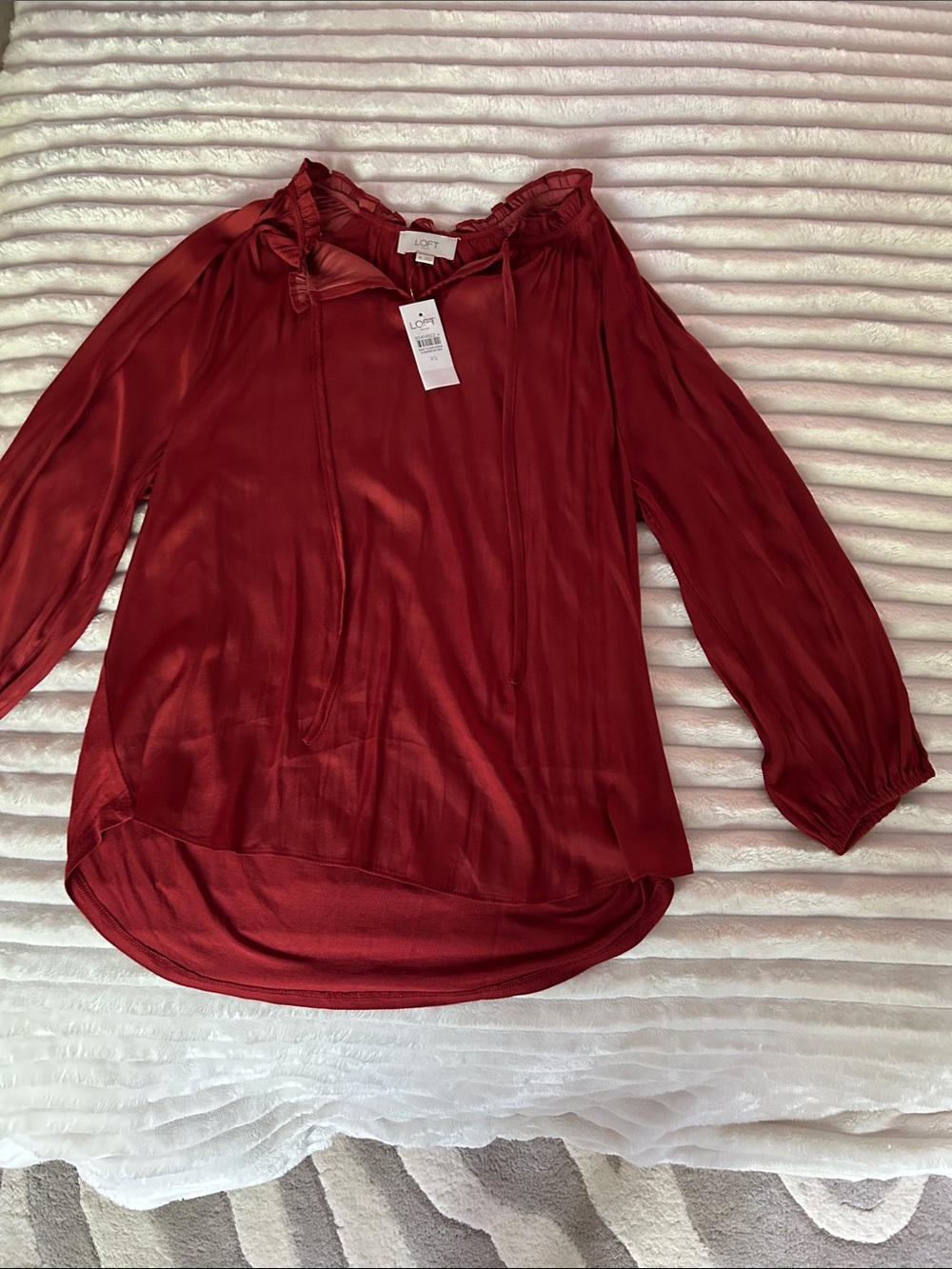 LOFT Rust Ruffle-Neck Long-Sleeve Blouse
